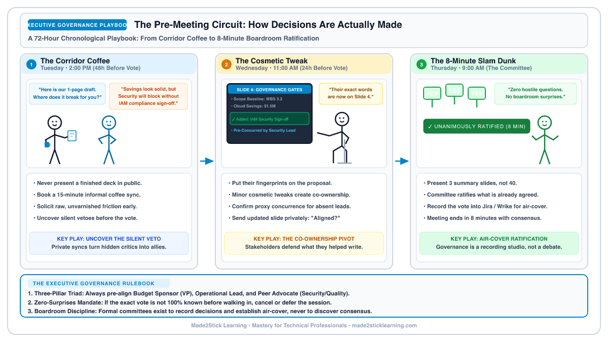 Why Steering Committees Never Decide: The Pre-Meeting Circuit Architecture